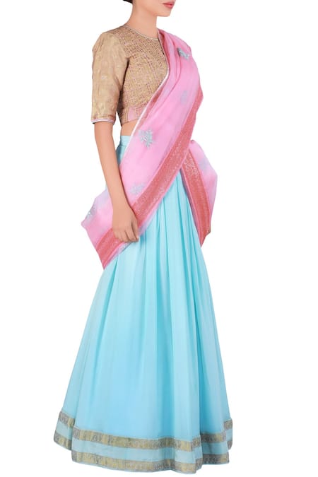 Latha Puttanna_Blue Georgette Embroidered Round Lehenga Saree Set  _Online_at_Aza_Fashions