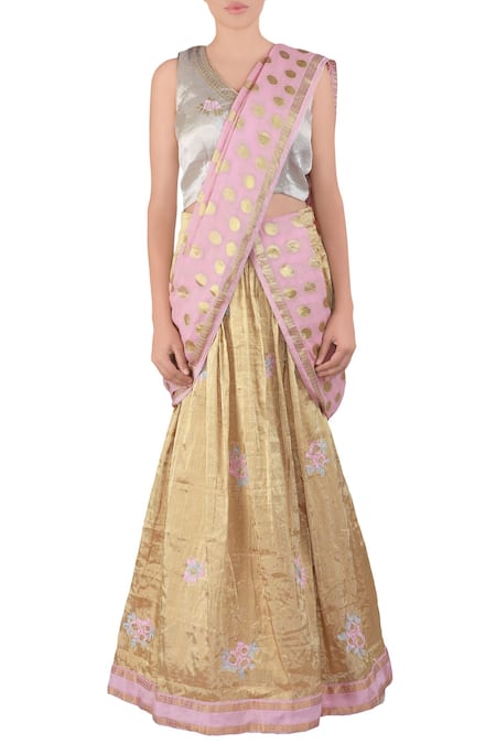 Latha Puttanna Gold Tissue Woven V Neck Butta Lehenga Saree Set 