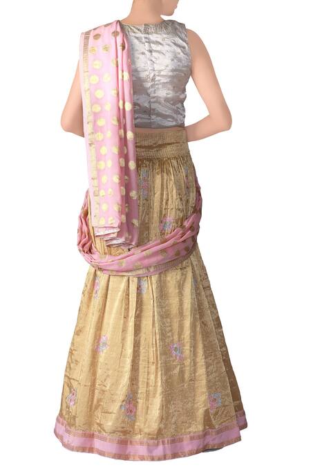 Shop_Latha Puttanna_Gold Tissue Woven V Neck Butta Lehenga Saree Set  _at_Aza_Fashions