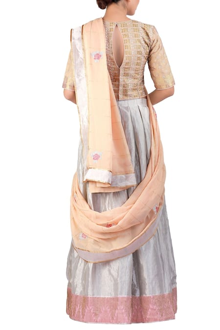 Shop_Latha Puttanna_Silver Tissue Embroidered Round Grey Lehenga Saree Set  _at_Aza_Fashions