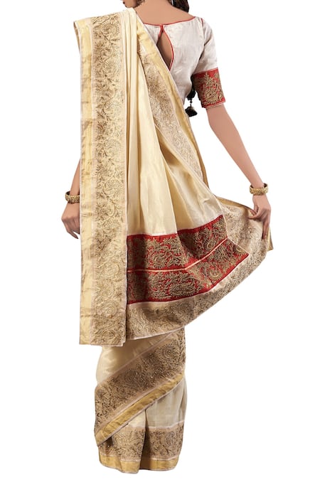 Shop Latha Puttanna White Silk Round Golden Embroidery Saree With Blouse at Aza Fashions Shop_Latha Puttanna_White Silk Round Golden Embroidery Saree With Blouse_at_Aza_Fashions