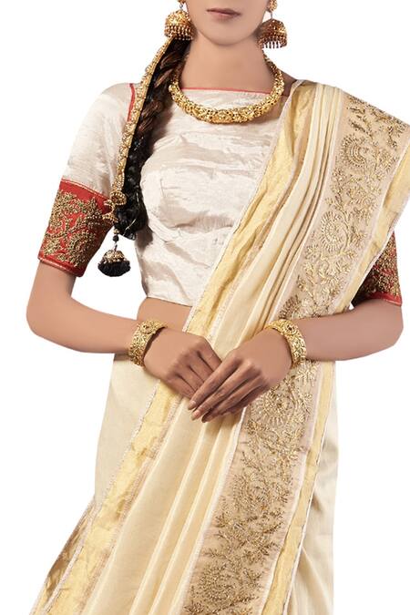 Latha Puttanna White Silk Round Golden Embroidery Saree With Blouse Online at Aza Fashions Latha Puttanna_White Silk Round Golden Embroidery Saree With Blouse_Online_at_Aza_Fashions