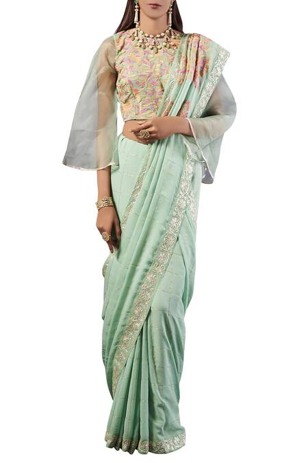 Latha Puttanna Green Georgette Embroidered Round Sea Check Print Saree With Blouse For Women