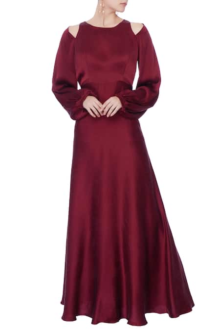 Deme by Gabriella Maroon Round Satin Backless Gown 