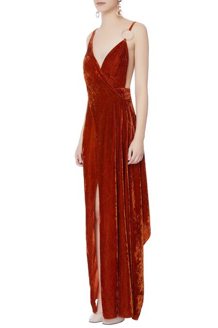 Buy_Deme By Gabriella_Orange V Neck Velvet Slit Gown_Online_at_Aza_Fashions