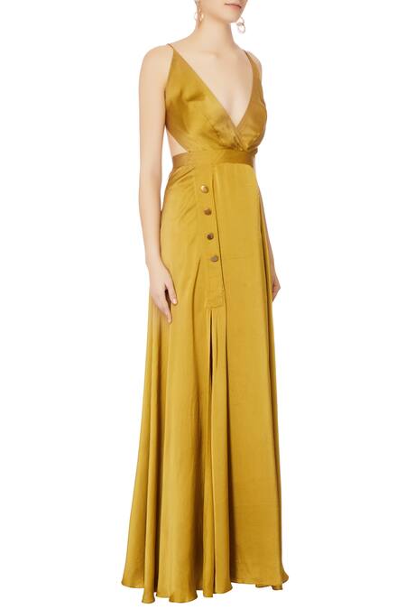 Deme by Gabriella_Green V Neck Empire Line Gown _Online_at_Aza_Fashions