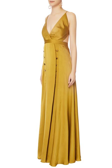 Buy_Deme by Gabriella_Green V Neck Empire Line Gown _Online_at_Aza_Fashions