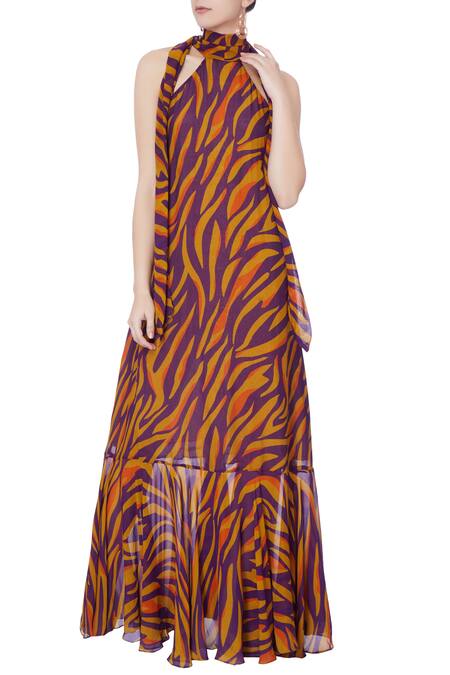 Deme by Gabriella Yellow Halter Printed Gown For Women