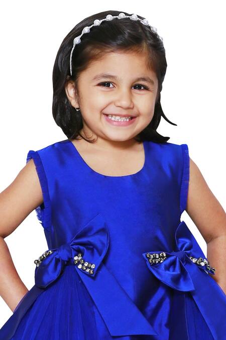 Neha Gursahani_Blue Taffeta Bows, Pearls Embellished Flared Gown _Online_at_Aza_Fashions