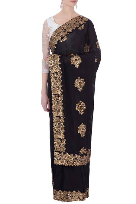 Surendri Black Leaf Neck Embroidered Saree With Blouse For Women
