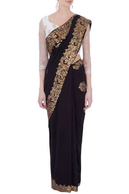 Surendri_Black Leaf Neck Embroidered Saree With Blouse_Online_at_Aza_Fashions