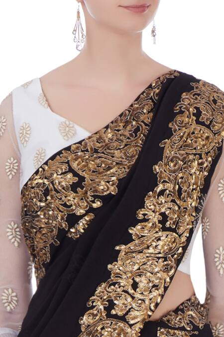 Buy_Surendri_Black Leaf Neck Embroidered Saree With Blouse_Online_at_Aza_Fashions