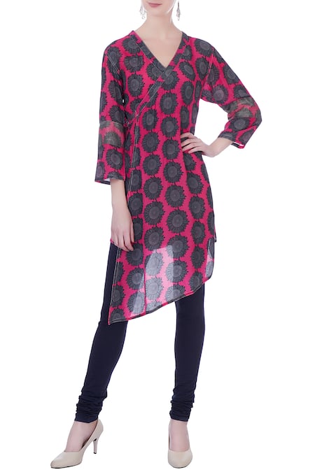 Surendri Pink V Neck Printed Asymmetric Tunic For Women