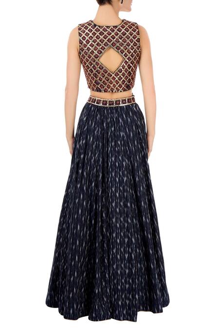 Shop_Surendri_Blue Square Neck Ikat Lehenga Set_at_Aza_Fashions