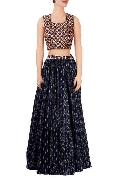 Surendri_Blue Square Neck Ikat Lehenga Set_Online_at_Aza_Fashions