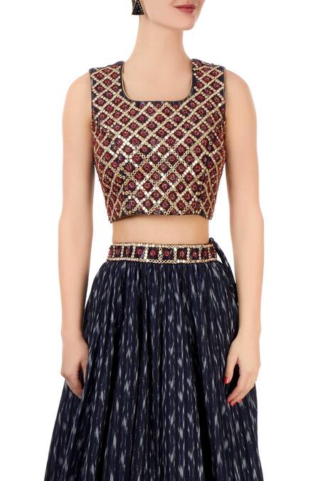 Buy_Surendri_Blue Square Neck Ikat Lehenga Set_Online_at_Aza_Fashions