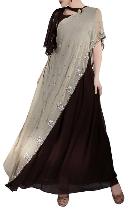 Nidzign Couture Beige Georgette Silk Embellished Bead Saree Gown For Women