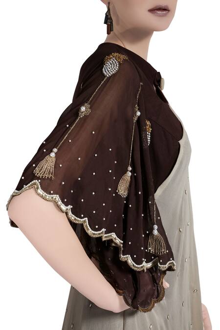 Nidzign Couture_Beige Georgette Silk Pearl, Bead Saree Gown _Online_at_Aza_Fashions