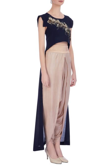 Maison Blu_Beige Round Silk Tunic And Dhoti Pant Set_Online_at_Aza_Fashions