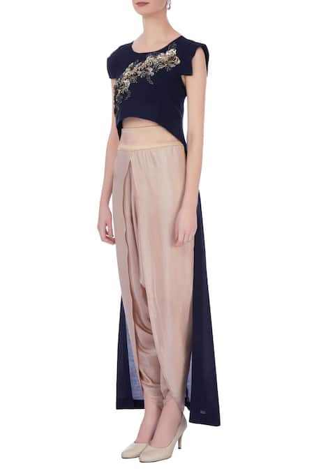 Buy_Maison Blu_Beige Round Silk Tunic And Dhoti Pant Set_Online_at_Aza_Fashions
