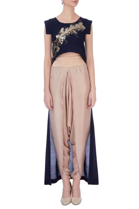 Shop_Maison Blu_Beige Round Silk Tunic And Dhoti Pant Set_Online_at_Aza_Fashions