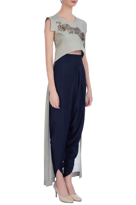 Maison Blu_Beige Round Silk Tunic And Dhoti Pant Set_Online_at_Aza_Fashions