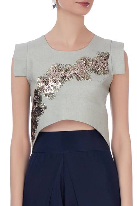 Maison Blu_Beige Round Silk Tunic And Dhoti Pant Set_at_Aza_Fashions