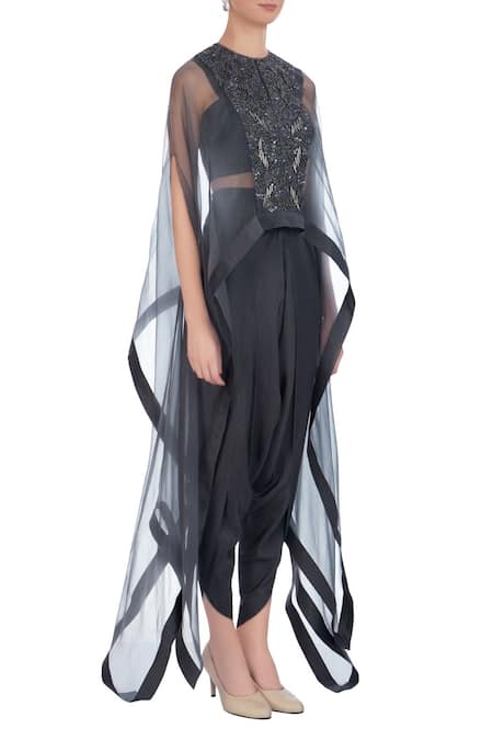 Maison Blu_Grey Silk, Organza Embellished Bustier Sweetheart Neck, Cape And Dhoti Pants Set_Online_at_Aza_Fashions