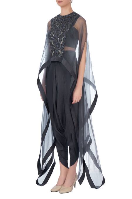 Buy_Maison Blu_Grey Silk, Organza Embellished Bustier Sweetheart Neck, Cape And Dhoti Pants Set_Online_at_Aza_Fashions