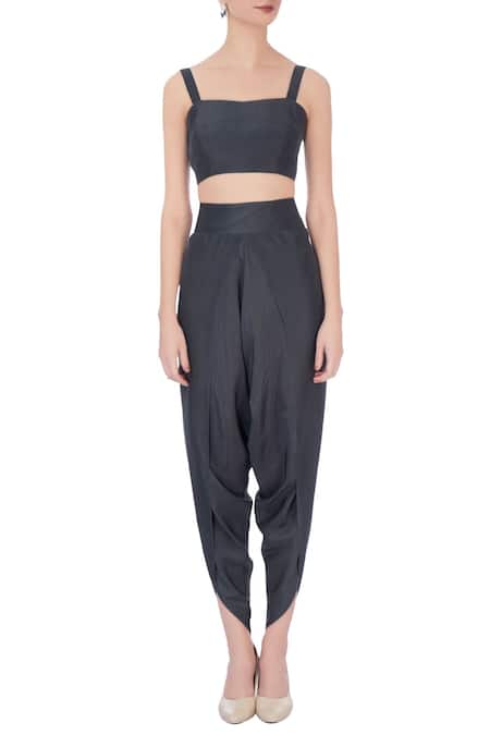 Shop_Maison Blu_Grey Silk, Organza Embellished Bustier Sweetheart Neck, Cape And Dhoti Pants Set_Online_at_Aza_Fashions