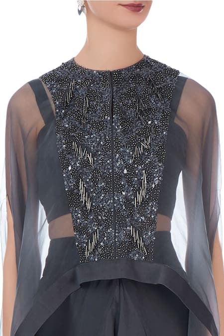 Maison Blu_Grey Silk, Organza Embellished Bustier Sweetheart Neck, Cape And Dhoti Pants Set_at_Aza_Fashions
