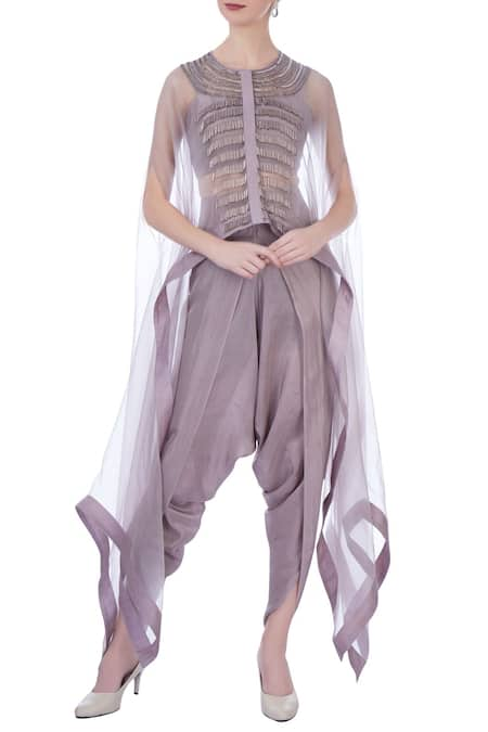 Maison Blu Purple Organza Embellished Cape Front-knot Silk And Dhoti Pants Set 