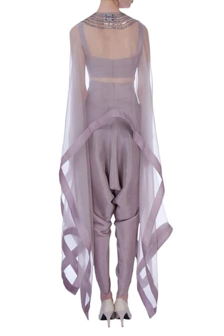 Shop_Maison Blu_Purple Silk, Organza Embellished Bustier Sweetheart Neck, And Dhoti Pants Set _at_Aza_Fashions