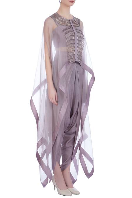 Maison Blu_Purple Silk, Organza Embellished Bustier Sweetheart Neck, And Dhoti Pants Set _Online_at_Aza_Fashions