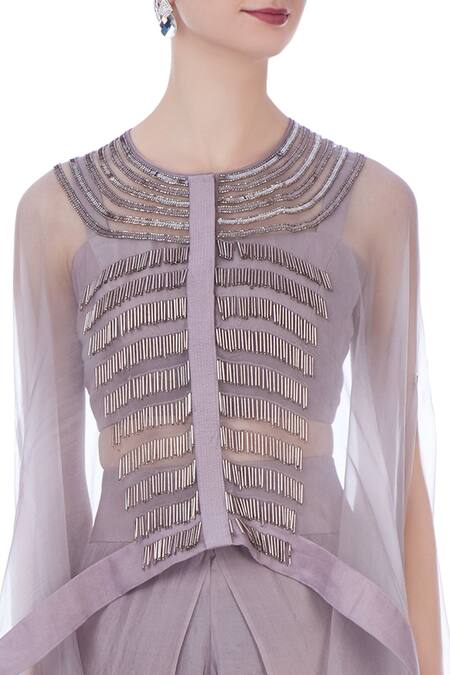 Maison Blu_Purple Silk, Organza Embellished Bustier Sweetheart Neck, And Dhoti Pants Set _at_Aza_Fashions