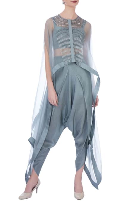 Maison Blu Grey Embellished Round Organza Cape And Silk Dhoti Pants Set