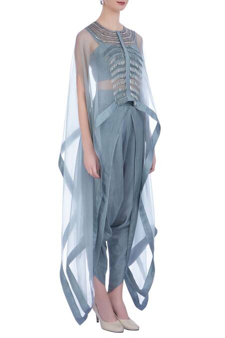 Maison Blu Grey Embellished Round Organza Cape And Silk Dhoti Pants Set Online at Aza Fashions Maison Blu_Grey Embellished Round Organza Cape And Silk Dhoti Pants Set _Online_at_Aza_Fashions