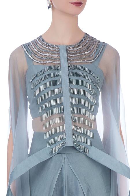 Maison Blu Grey Embellished Round Organza Cape And Silk Dhoti Pants Set at Aza Fashions Maison Blu_Grey Embellished Round Organza Cape And Silk Dhoti Pants Set _at_Aza_Fashions