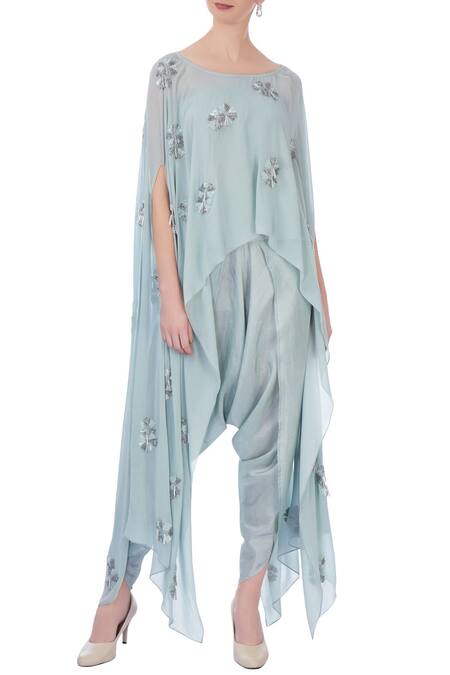Maison Blu Blue Georgette Embellished Boat Silk Cape And Dhoti Pants Set For Women