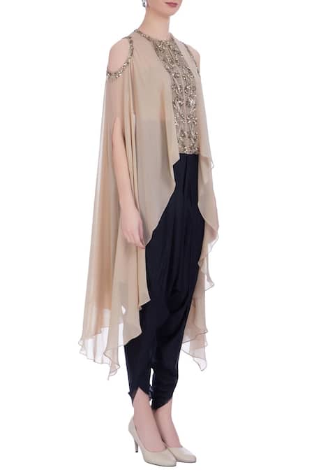 Maison Blu_Beige Silk, Georgette Embellished Round Cape And Dhoti Pants Set _Online_at_Aza_Fashions