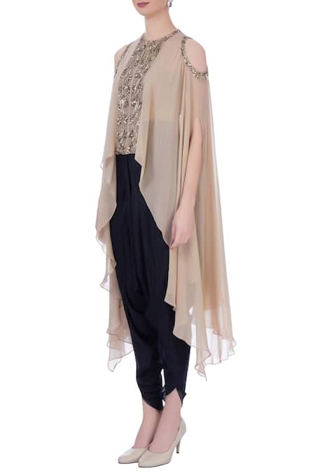 Buy_Maison Blu_Beige Silk, Georgette Embellished Round Cape And Dhoti Pants Set _Online_at_Aza_Fashions