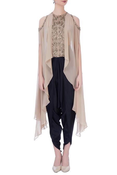 Shop_Maison Blu_Beige Silk, Georgette Embellished Round Cape And Dhoti Pants Set _Online_at_Aza_Fashions