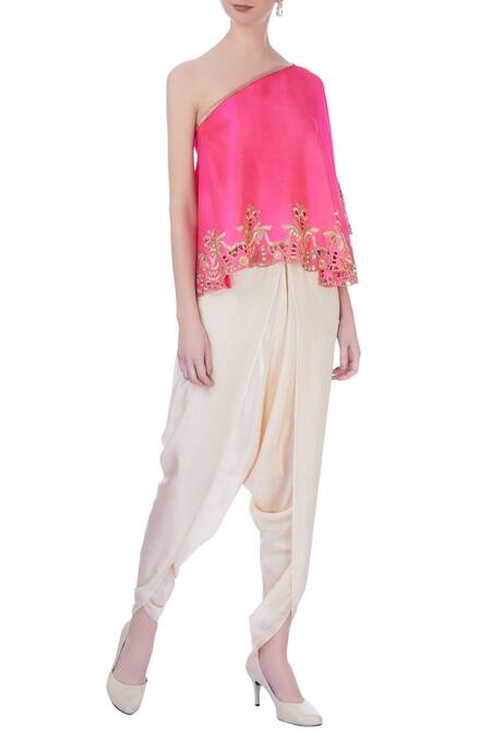 Maison Blu Pink Embroidered Asymmetric One Shoulder Top And Dhoti Pant Set For Women