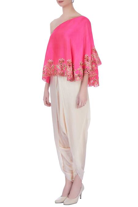 Buy Maison Blu Pink Embroidered Asymmetric One Shoulder Top And Dhoti Pant Set Online at Aza Fashions Buy_Maison Blu_Pink Embroidered Asymmetric One Shoulder Top And Dhoti Pant Set _Online_at_Aza_Fashions