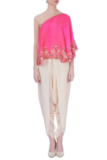 Shop Maison Blu Pink Embroidered Asymmetric One Shoulder Top And Dhoti Pant Set Online at Aza Fashions Shop_Maison Blu_Pink Embroidered Asymmetric One Shoulder Top And Dhoti Pant Set _Online_at_Aza_Fashions