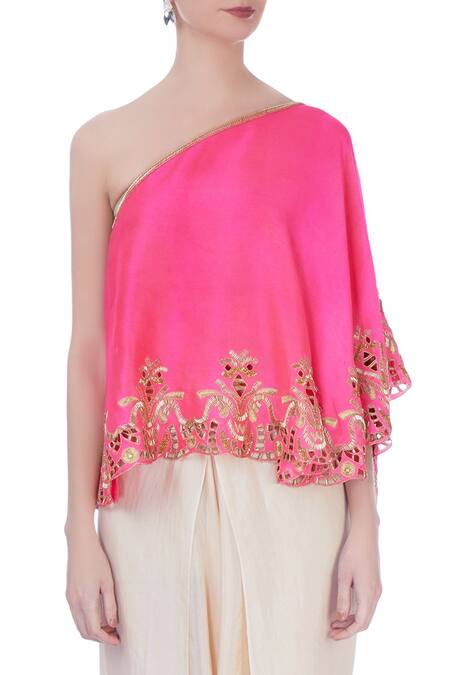 Maison Blu Pink Embroidered Asymmetric One Shoulder Top And Dhoti Pant Set at Aza Fashions Maison Blu_Pink Embroidered Asymmetric One Shoulder Top And Dhoti Pant Set _at_Aza_Fashions
