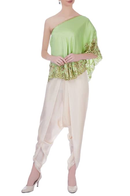 Maison Blu Green Embroidered Asymmetric One Shoulder Top And Dhoti Pant Set For Women