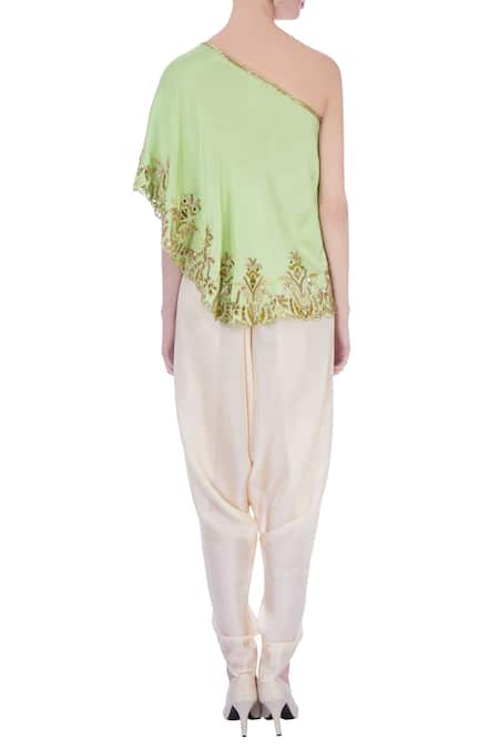 Shop Maison Blu Green Embroidered Asymmetric One Shoulder Top And Dhoti Pant Set at Aza Fashions Shop_Maison Blu_Green Embroidered Asymmetric One Shoulder Top And Dhoti Pant Set _at_Aza_Fashions
