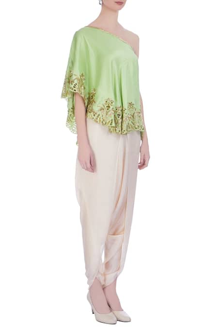 Maison Blu Green Embroidered Asymmetric One Shoulder Top And Dhoti Pant Set Online at Aza Fashions Maison Blu_Green Embroidered Asymmetric One Shoulder Top And Dhoti Pant Set _Online_at_Aza_Fashions