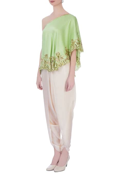 Buy Maison Blu Green Embroidered Asymmetric One Shoulder Top And Dhoti Pant Set Online at Aza Fashions Buy_Maison Blu_Green Embroidered Asymmetric One Shoulder Top And Dhoti Pant Set _Online_at_Aza_Fashions